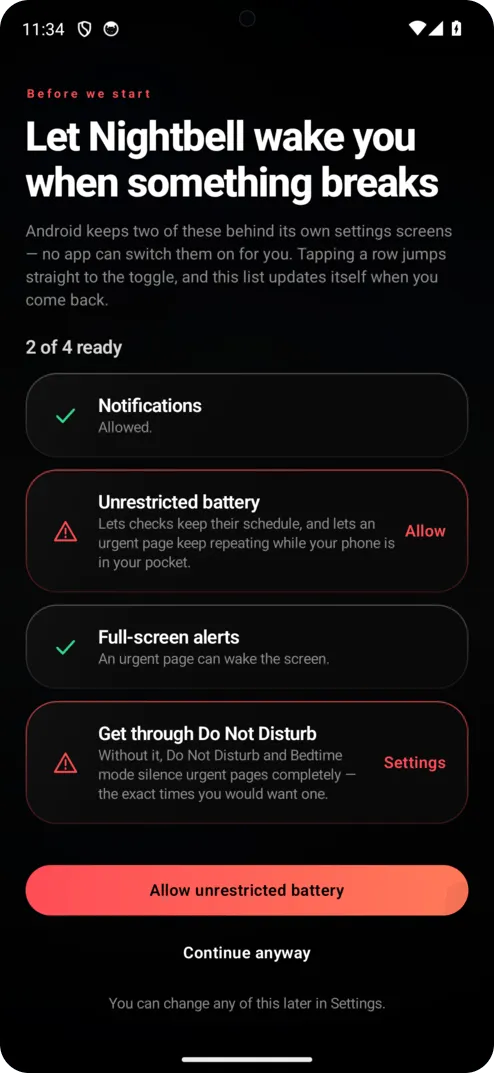 The Nightbell first-launch setup screen listing four requirements: notifications, unrestricted battery, full-screen alerts, and Do Not Disturb access, with three granted and one outstanding.