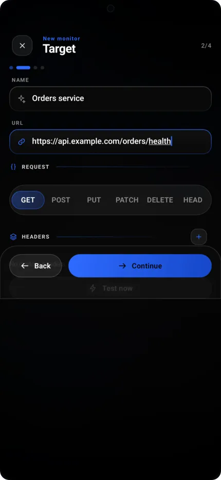 Step two: a name field reading Orders service, a URL field reading https://api.example.com/orders/health, a row of methods with GET selected, an empty headers section, and a Test now button.